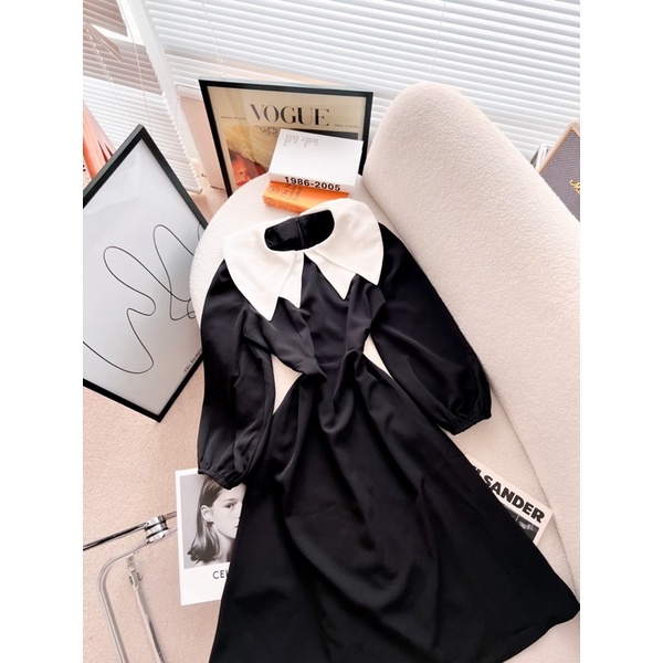 ĐẦM ĐEN TAY DÀI BO MIDI CỔ ĐÔI TRẮNG