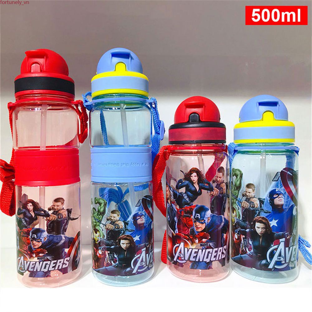 Cốc nước có dây buộc Avengers Disney Spider-Man Minnie Mickey 350ml/ 500ml thể thao ngoài trời cho học sinh