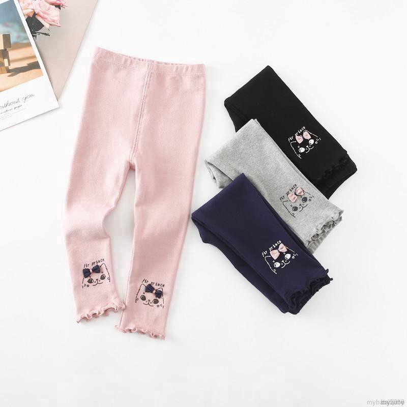 Quần Legging Cotton Lưng Thun In Hình Mèo Đáng Yêu Cho Bé Gái