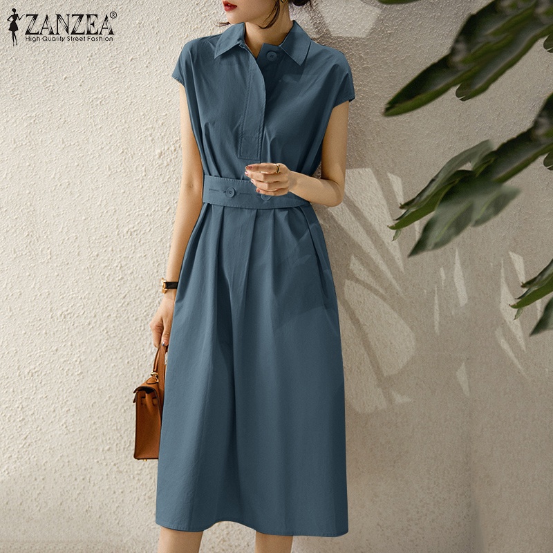Đầm midi ZANZEA ngắn tay cổ bẻ phối thắt lưng có thể tháo rời thanh lịch thời trang cho nữ