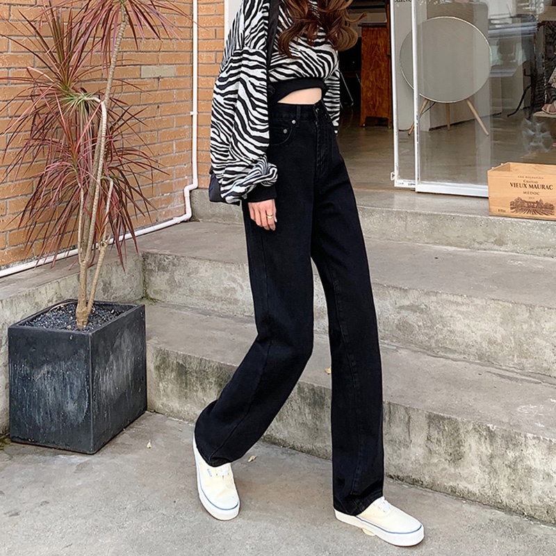 Quần jeans cho nữ lưng cao ống rộng thời trang Hàn Quốc