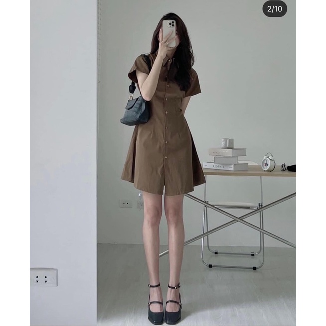 Váy sơ mi kaki chun sau có chiết eo