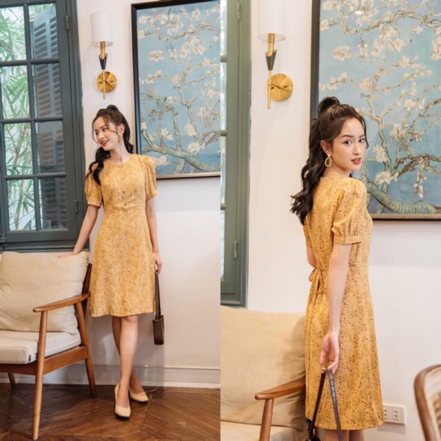 BÁN SỈ VÁY HOA VÀNG VINTAGE NỮ TAY BỒNG NHẸ DK72