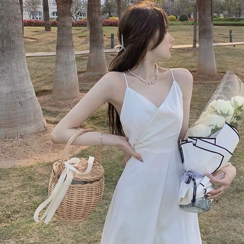 French retro white Sexy Super fairy White suspender dress seaside vacation style backless beach dress for women Summer