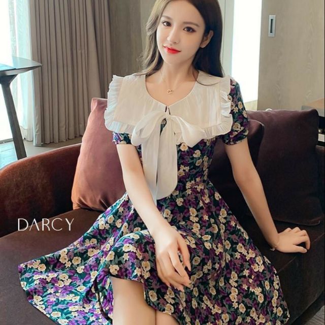 🥰🥰🍃 váy hoa tím cổ nơ tiểu thư xinh đẹp dịu dàng, sẽ khiến các nàng trở nên cực kì ngọt ngào và duyên dáng