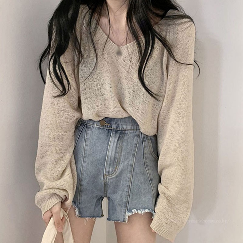 Áo sweater kiểu mỏng tay dài dáng rộng phong cách Hàn Quốc xinh xắn cho nữ