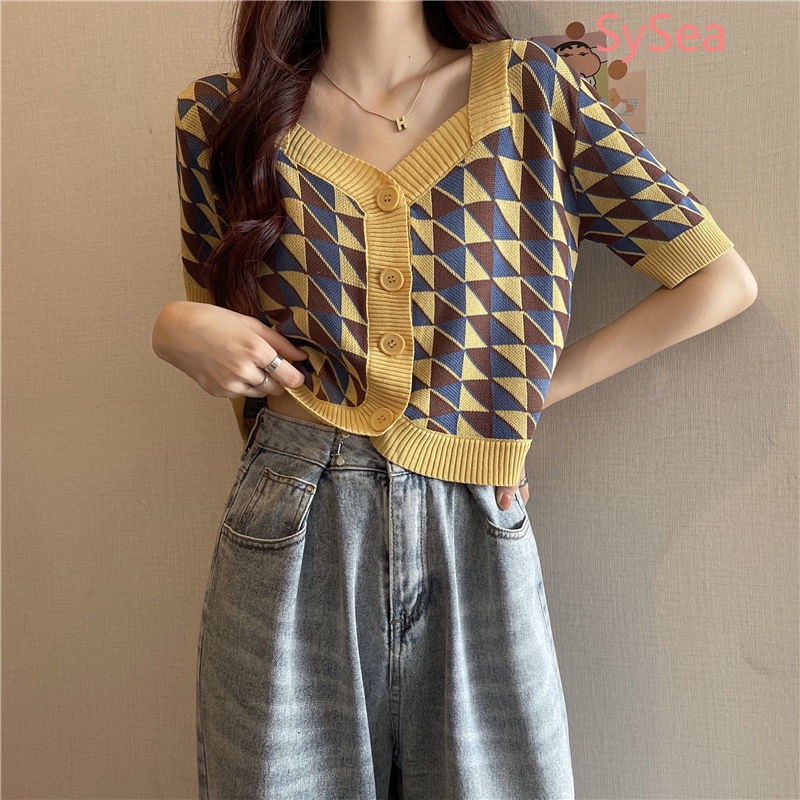 Áo Dệt Kim Ngắn Tay Thời Trang Retro thời trang Hè Cho Nữ