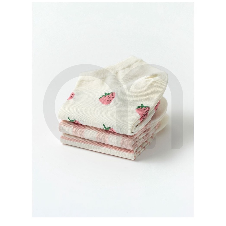 Tất Vớ Cổ Ngắn Nữ Họa Tiết Trái Dâu Dễ Thương Vải Cotton Màu Blink Đẹp Thời Trang