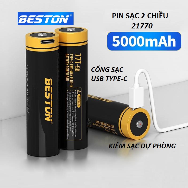 Pin sạc 2 chiều 21770 Beston 5000mAh dòng xả lớn dùng cho đèn pin LED công suất cao, pin dự phòng, xe điện