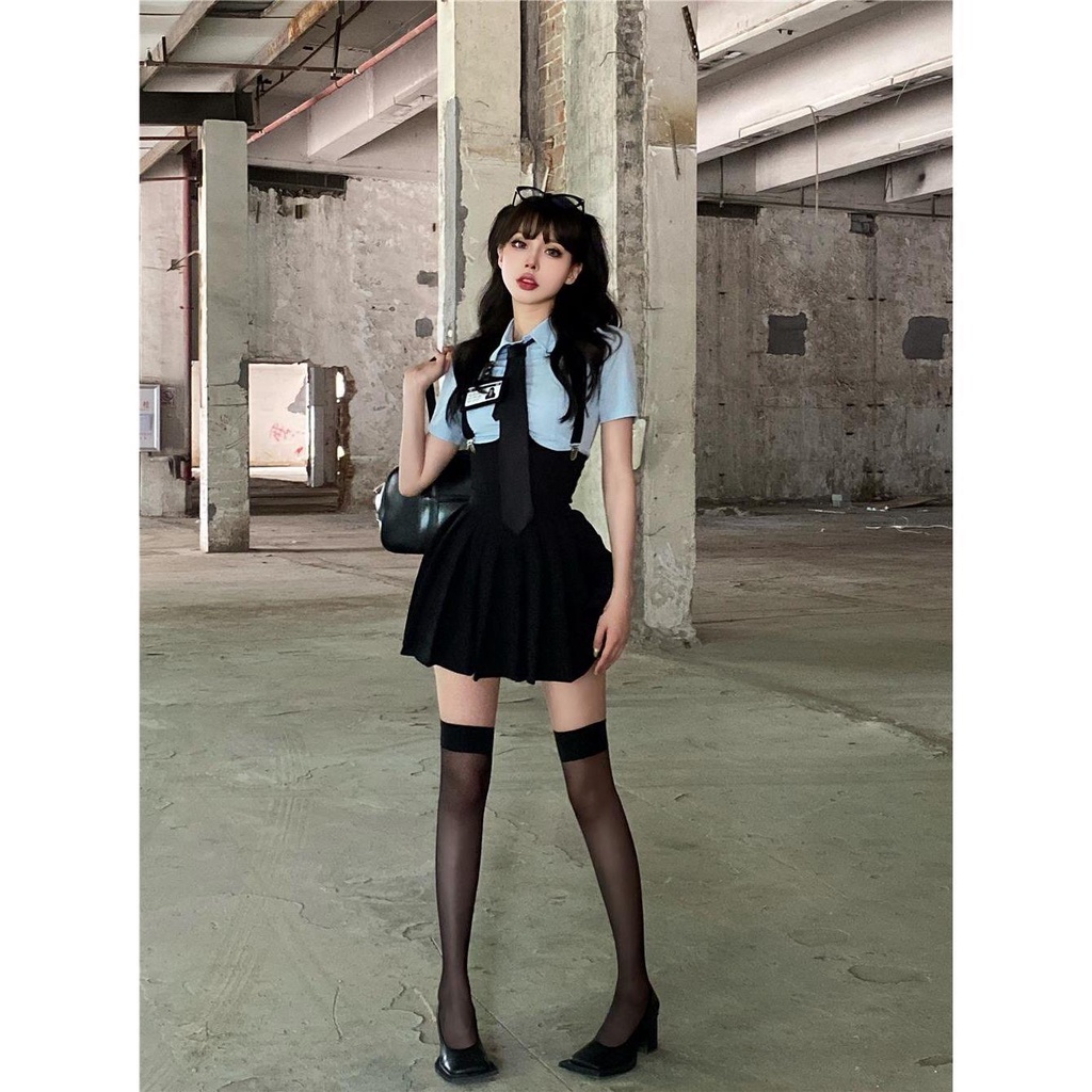 Set Áo Tay Ngắn + Chân Váy Xương Cá Phong Cách Preppy Cho Nữ