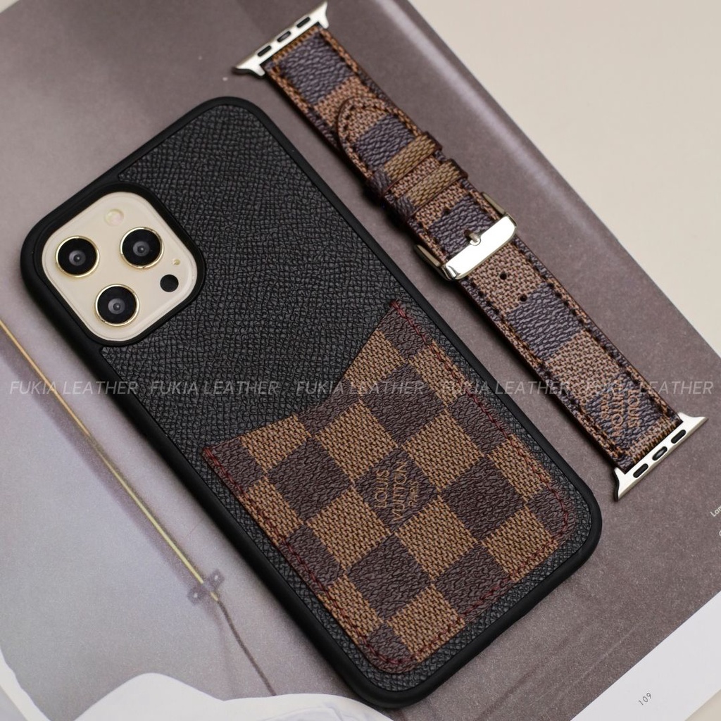Ốp da thủ công Epsom đen khe thẻ IV Caro nâu cho IPhone 14/14Plus/14Pro/14Promax/13/13Pro/13Promax/12Promax ODTC128