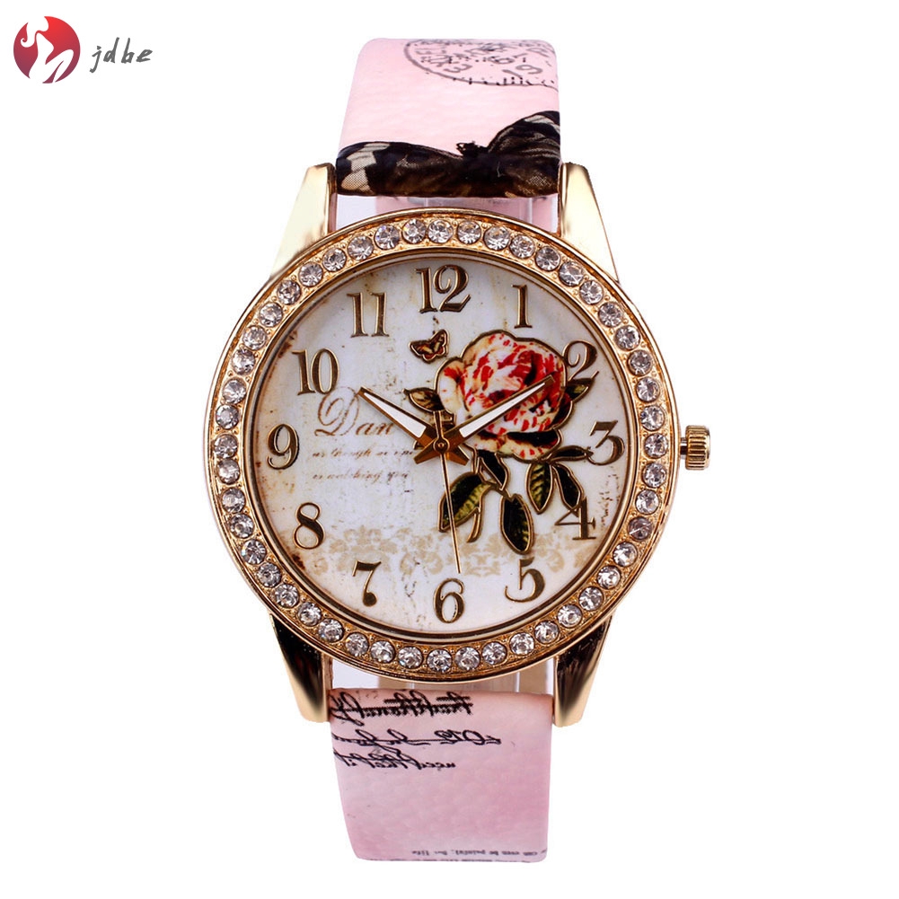 ✿JDBE✿ Women Lady Girl Wrist Quartz Watch Round Rose Pattern Printing Fashion Birthday Gift