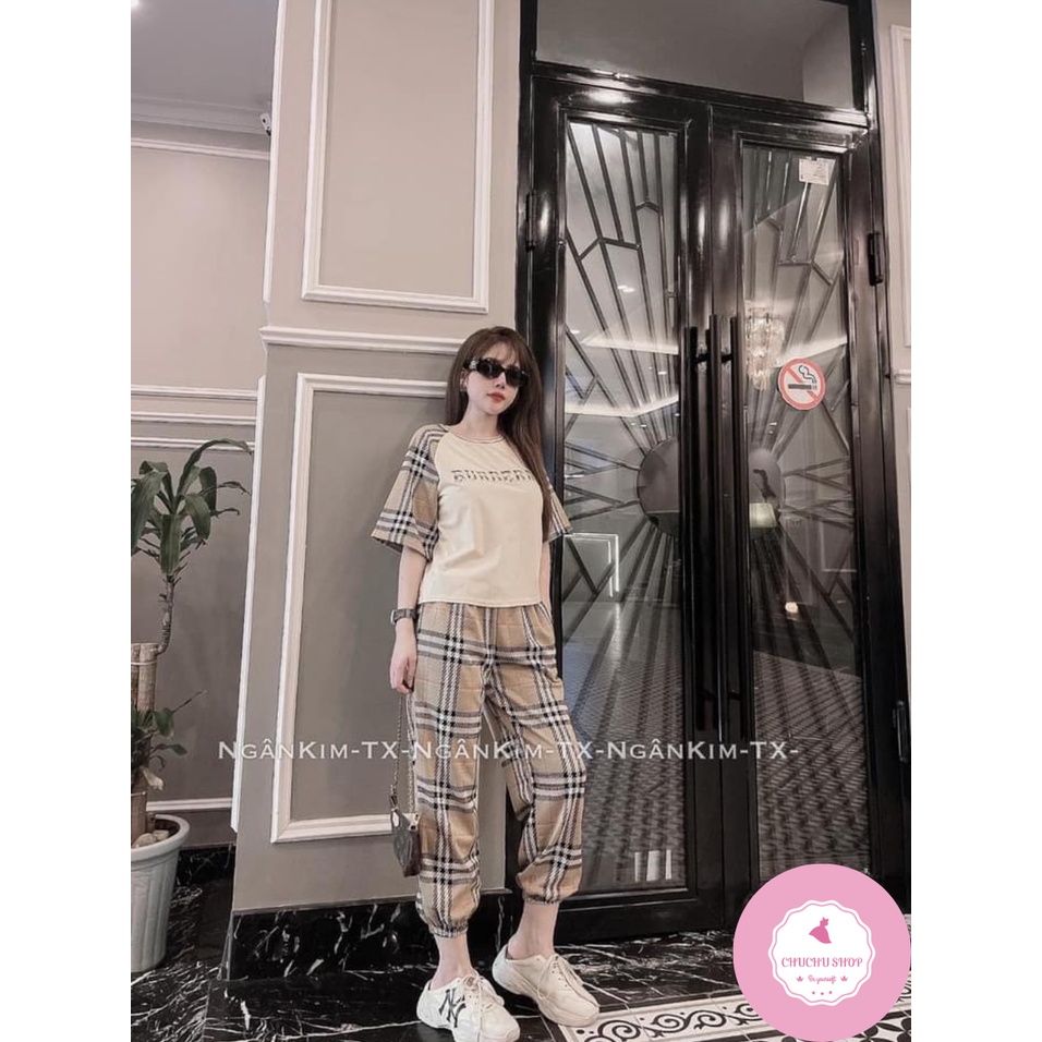 Set bộ áo cộc tay quần dài nữ - Bộ thể thao nữ - Set bộ đồ thu đông áo cộc tay quần kẻ