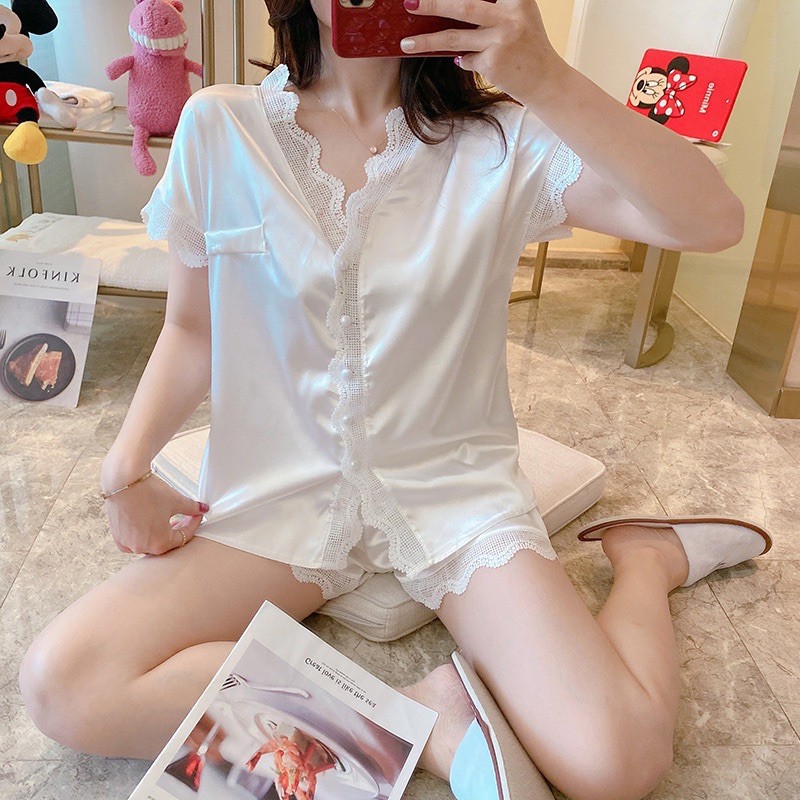 Bộ Pijama lụa Cao cấp - bộ cúc ngọc mặc nhà lụa chất lượng cao viền ren cúc ngọc mềm mịn, sẵn 4 màu sẵn sl