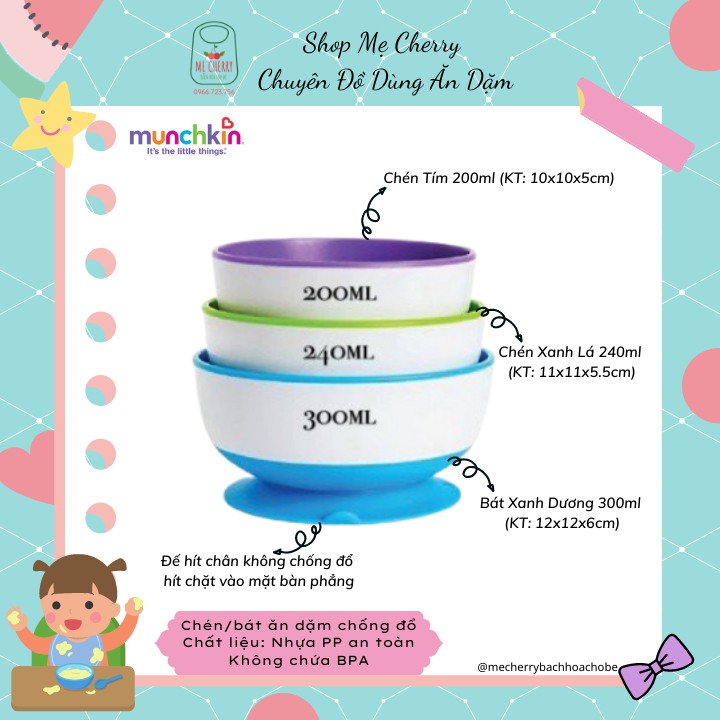 Chén, Bát ăn dặm Munchkin chống đổ có đế hít chân không nguyên set và có tách lẻ cho bé