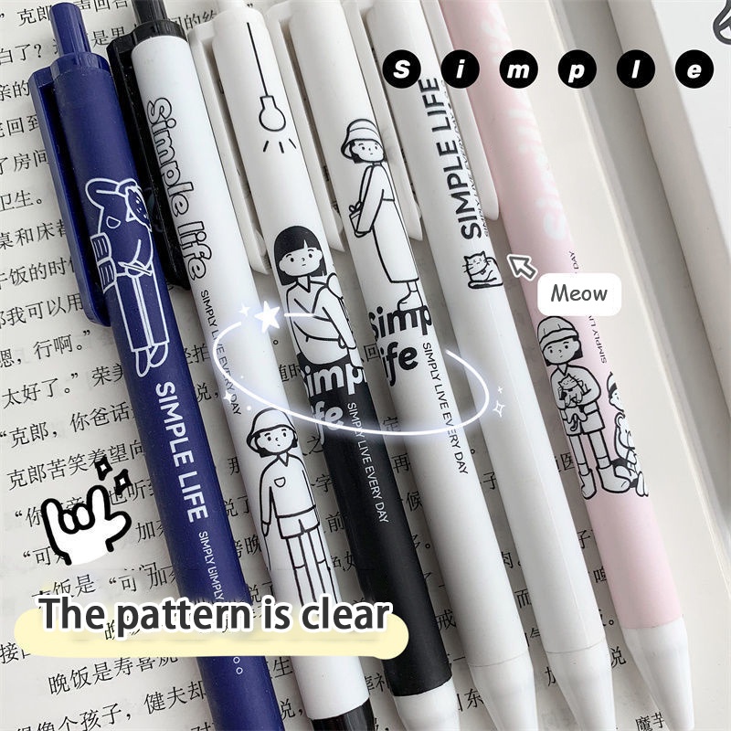 Set 6 Bút Bi Mực Gel Ngòi 0.5mm Có Thể Thu Gọn Hình Hoạt Hình Dễ Thương