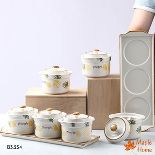Hũ gia vị, set 3 hũ đựng gia vị kèm khay sứ - họa tiết dứa viền nâu