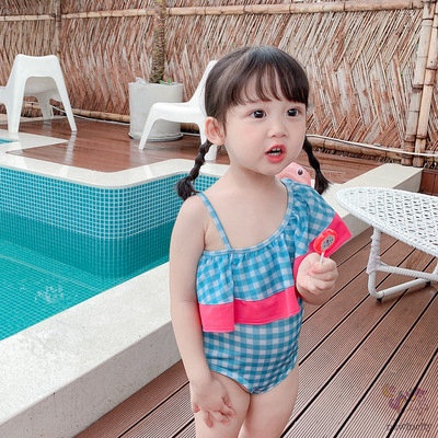 Bộ Đồ Bơi Một Mảnh Không Tay Họa Tiết Sọc Caro Kèm Mũ Phong Cách Hàn Quốc Cho Bé Gái