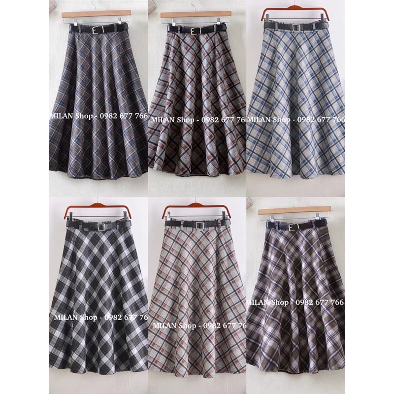 Chân váy dạ kẻ kèm đai dáng dài xoè A | BigBuy360 - bigbuy360.vn