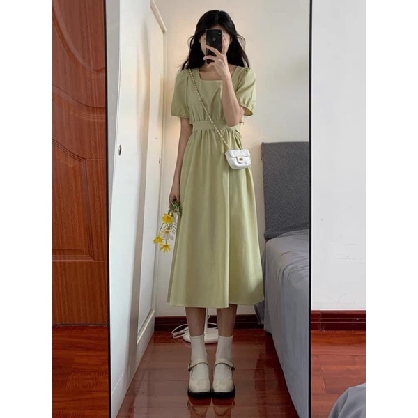 Váy midi tay ngắn, đầm tay ngắn khoét eo chất lụa trượt hai màu xinh xắn