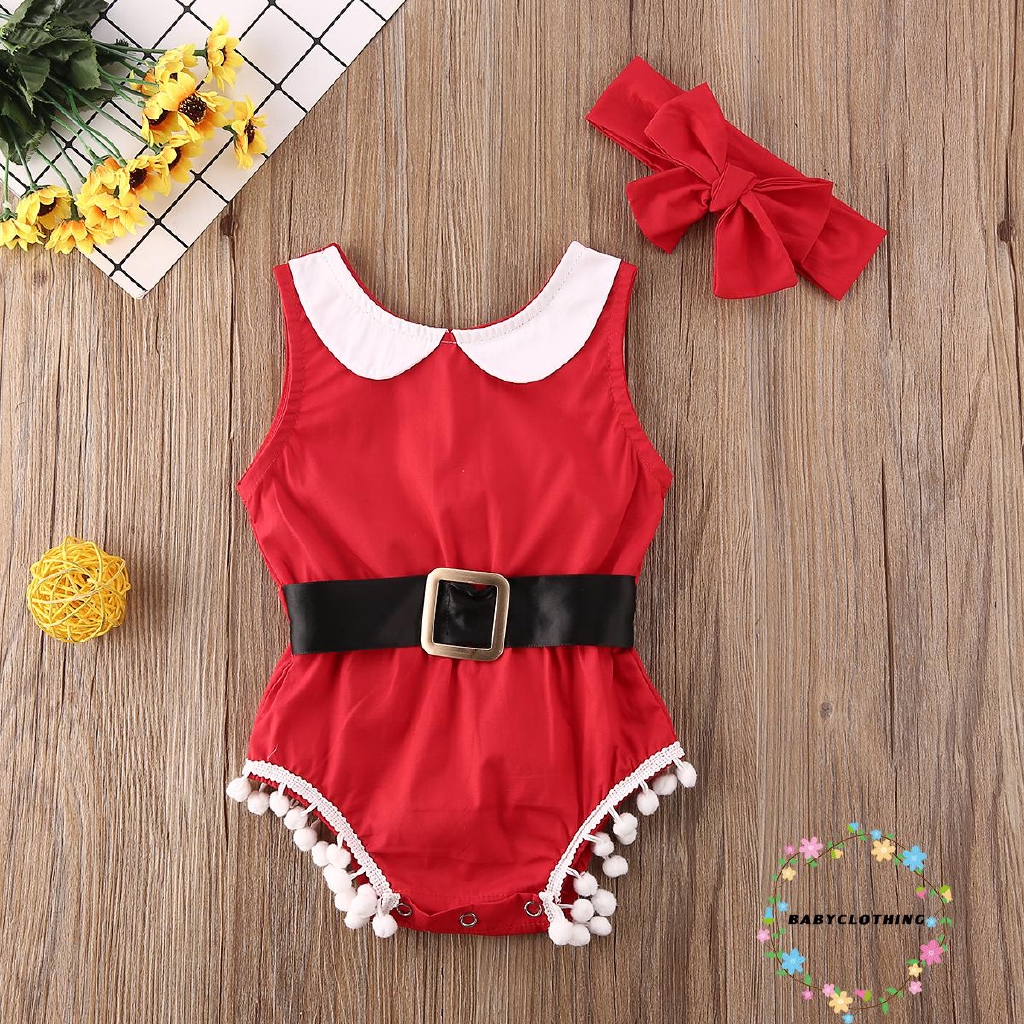 ღWSVღChristmas Newborn Baby Girl Clothes Tassel Romper Jumpsuit Bodysuit Headband Xmas Party Outfit