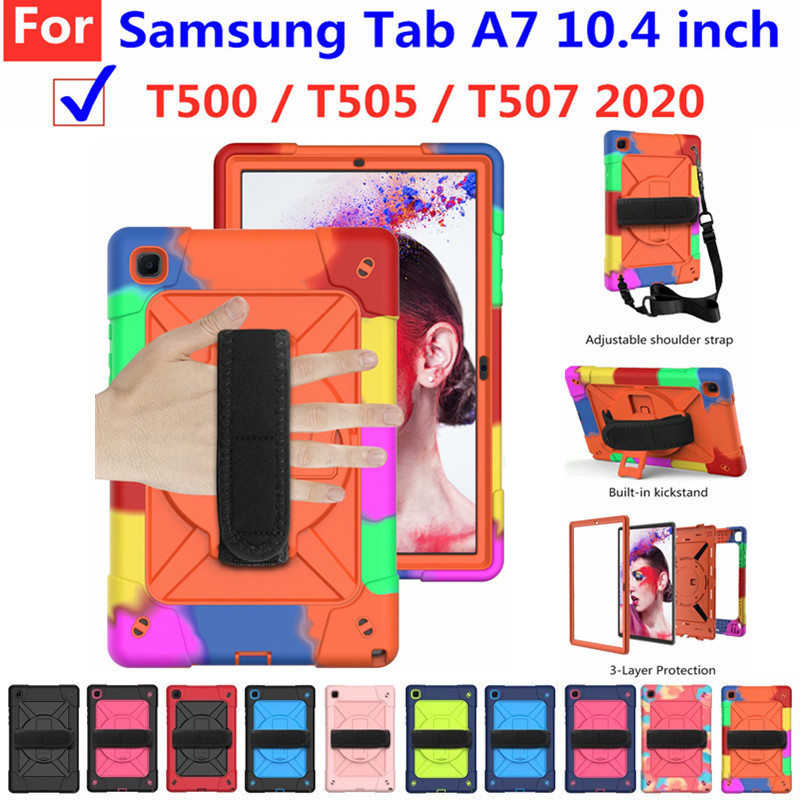 Ốp máy tính bảng silicon PC cứng có giá đỡ xoay 360 độ dây đeo tay chống sốc cho Samsung Galaxy Tab A7 2020 T500/T505