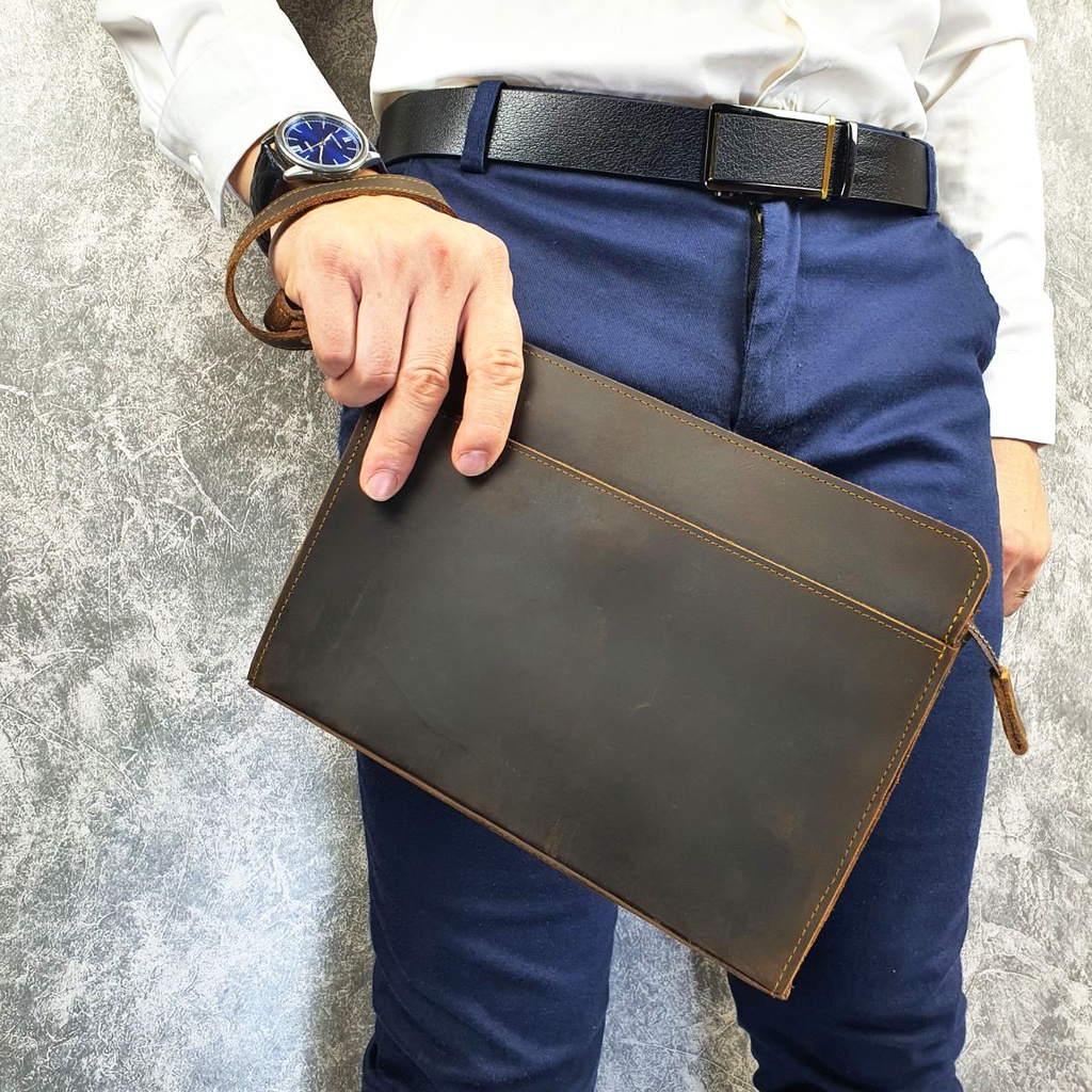 Clutch nam da bò thật; Túi cầm tay nam da sáp CL145LEA  - 100% da bò thật, BH 3 năm