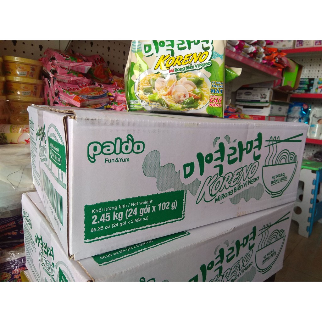 Thùng 24 gói Mì Koreno rong biển vị ngao gói 102g
