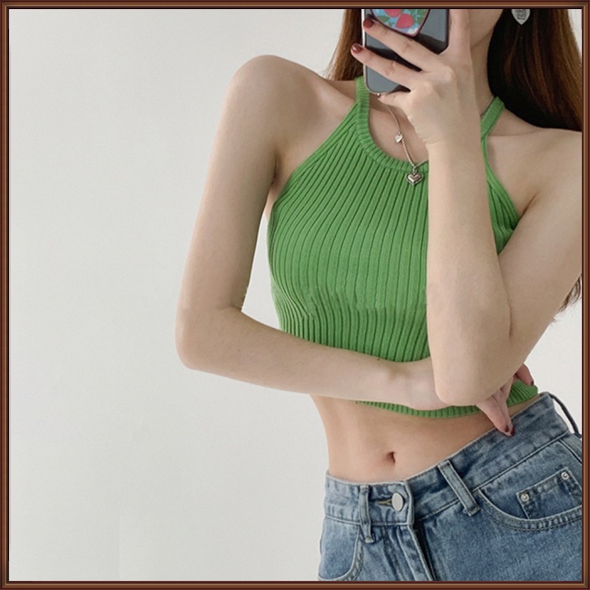 Áo Croptop Dệt Kim Sát Nách Màu Sắc Đơn Giản Phong Cách Retro