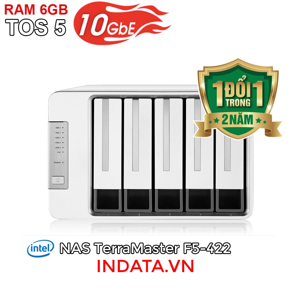 Ổ cứng mạng NAS TerraMaster F5-422, 10Gbps, Intel Quad-Core 1.5GHz, 6GB RAM, 670MB/s, 5 khay ổ cứng RAID 0,1,5,6,10,JBOD