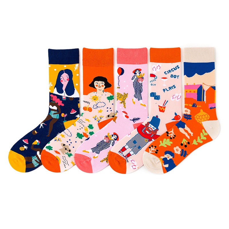 Vớ cotton cổ vừa WAFNHA D304 họa tiết hoạt hình sáng tạo nhiều màu sắc