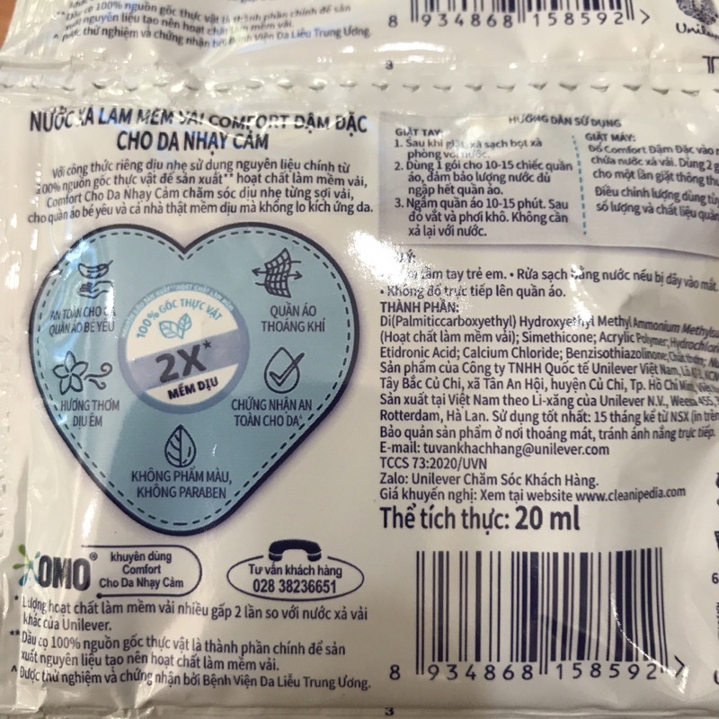 1 dây nước Xả Vải đậm đặc Comfort kháng khuẩn dịu nhẹ 1 gói 20ml