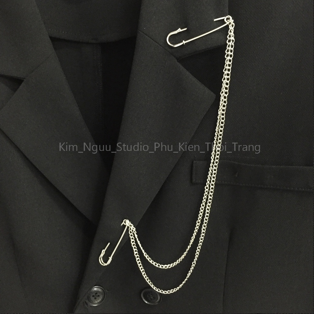 Phụ kiện ghim dài cài áo Blazer, sơ mi, ghim cài kim loại gắn xích dài, Kim Ngưu Studio