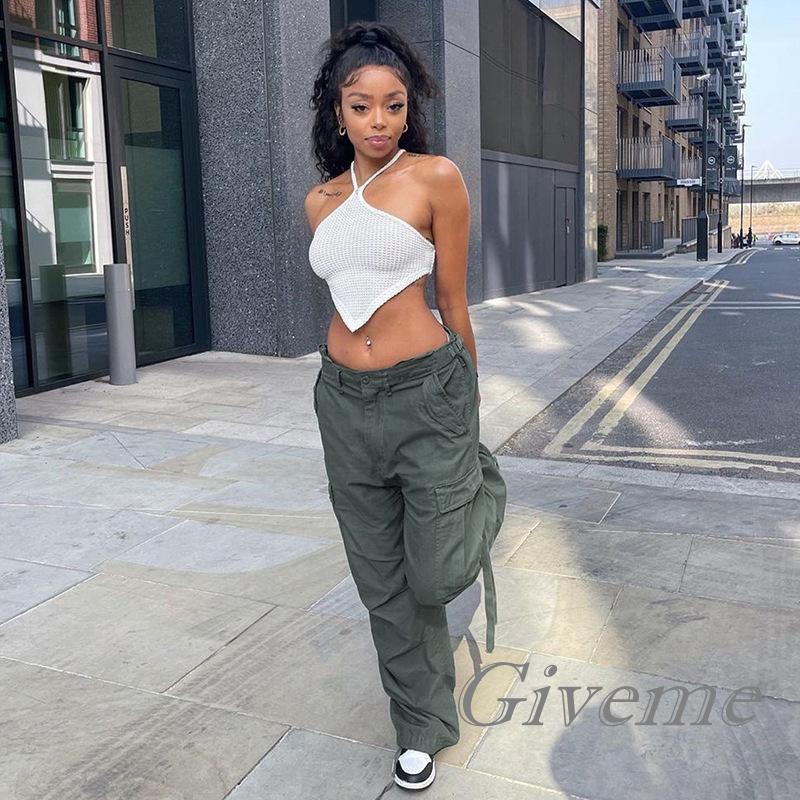 Quần Baggy Cổ Điển Màu Trơn Lưng Thấp Có Túi Màu Đen / Xanh Lá / Hồng Dành Cho Nữ