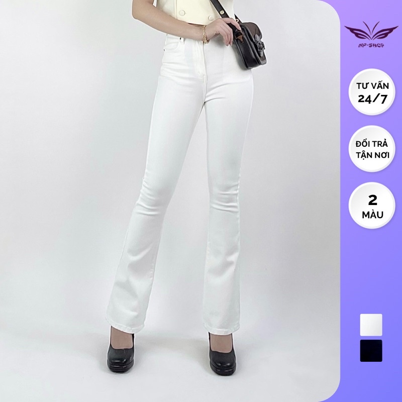Quần jean nữ ống loe NPSHOP lưng cao màu trắng, quần bò trắng dáng dài ống loe cao cấp