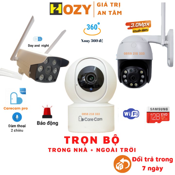 Trọn bộ 3 Camera WIFI Care Cam trong nhà và ngoài trời chống nước xoay 360 độ đàm thoại 2 chiều