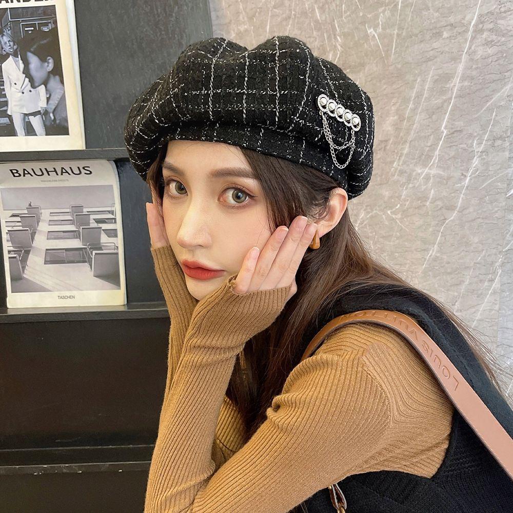 IVORY Mũ Beret Họa Tiết Sọc Caro Phối Dây Xích Thời Trang Mùa Đông Cho Nữ