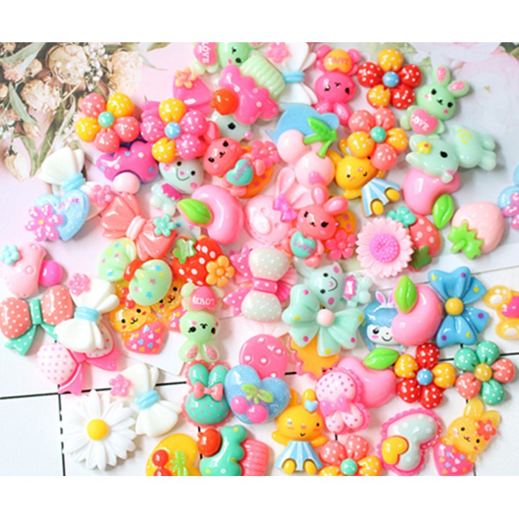 Túi combo 30-50-100 charm nơ, hoa, thú bông xinh xắn trang trí vỏ ốp điện thoại, dán Jibbitz, DIY