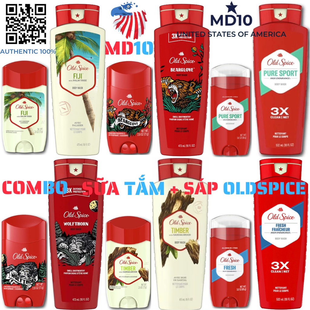 Combo Sáp khử mùi nam và Gel tắm Old Spice nhập khẩu Mỹ nhiều mùi hương