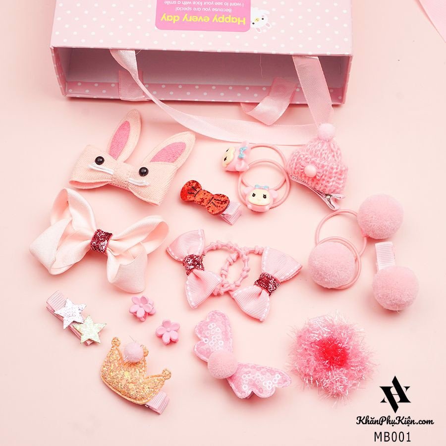 Hộp kẹp tóc quà tặng cho bé gái 18 phụ kiện siêu dễ thương iLita phong cách Hàn Quốc đủ màu (Hồng, Đỏ, Tím)