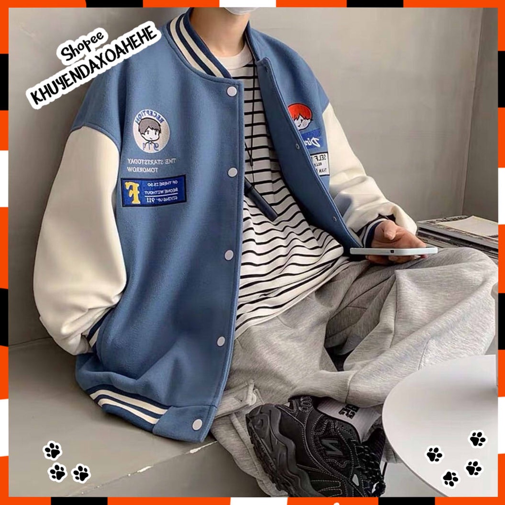 AK018 Áo bomber jacket logo bé trai nam nữ đen nâu be oversize dáng to Áo khoác nỉ bóng chày unisex form rộng thu đông | BigBuy360 - bigbuy360.vn