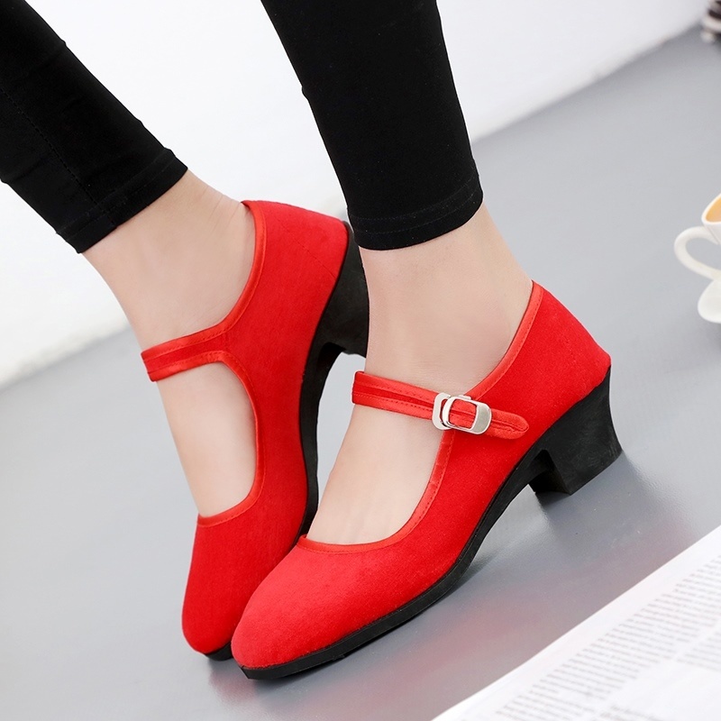 Giày Cao Gót Nhảy Múa Màu Đỏ Đen Phong Cách Tây Tạng Cho Nữ