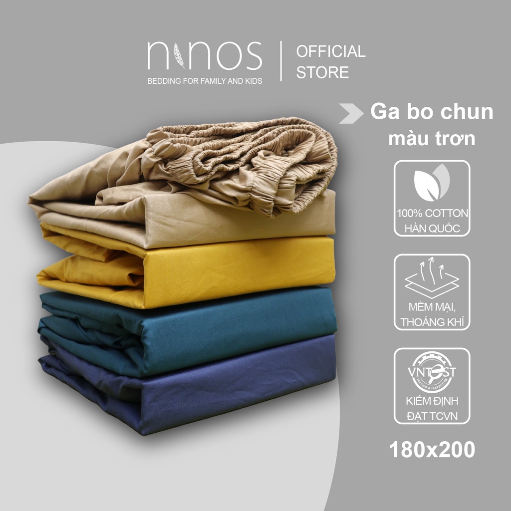 Ga giường bo chun cotton Ninos cao cấp trơn màu 180x200 cm, drap trải nệm bo thun vải Hàn Quốc