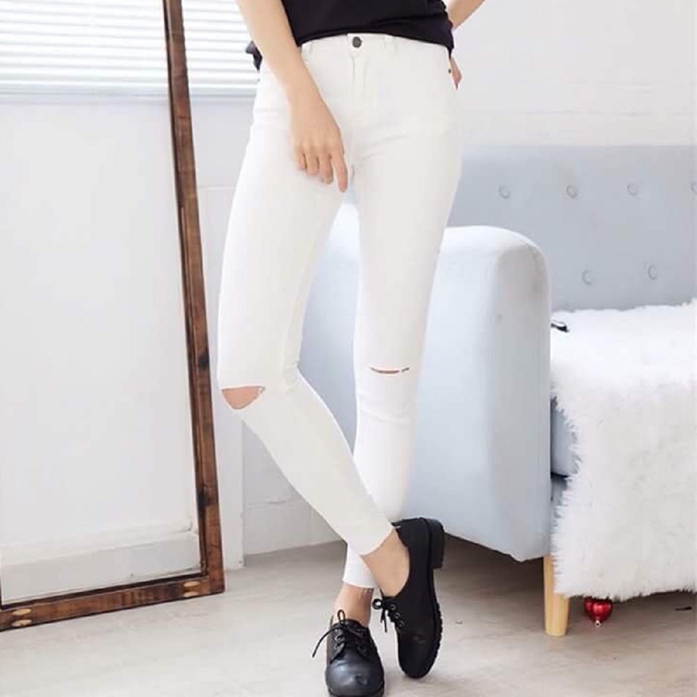 [ Clip + Hình Thật ] Quần Jeans Skinny Trắng Trơn + Rách Gối - Quần Jeans - Thời Trang Nữ - Tashop