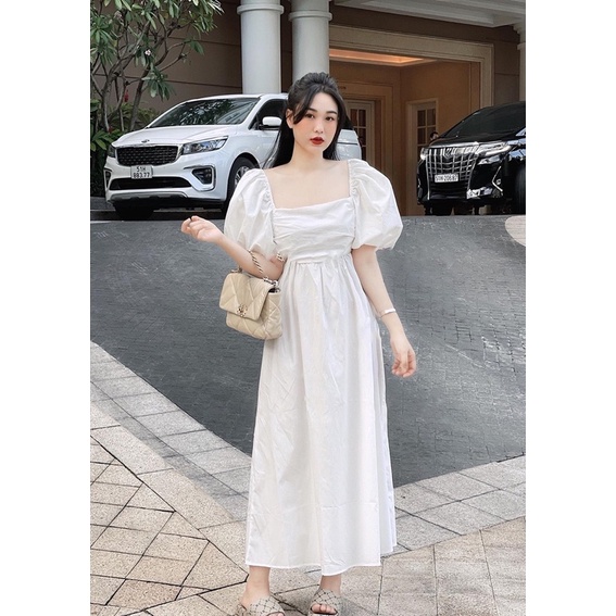 Váy đầm maxi đi du lịch tay bồng vải thô màu trắng