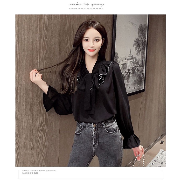 Áo Sơ Mi Chiffon Tay Dài Ống Loe Cổ Chữ V Thời Trang Mùa Thu Kiểu Mới Dành Cho Bạn Nữ