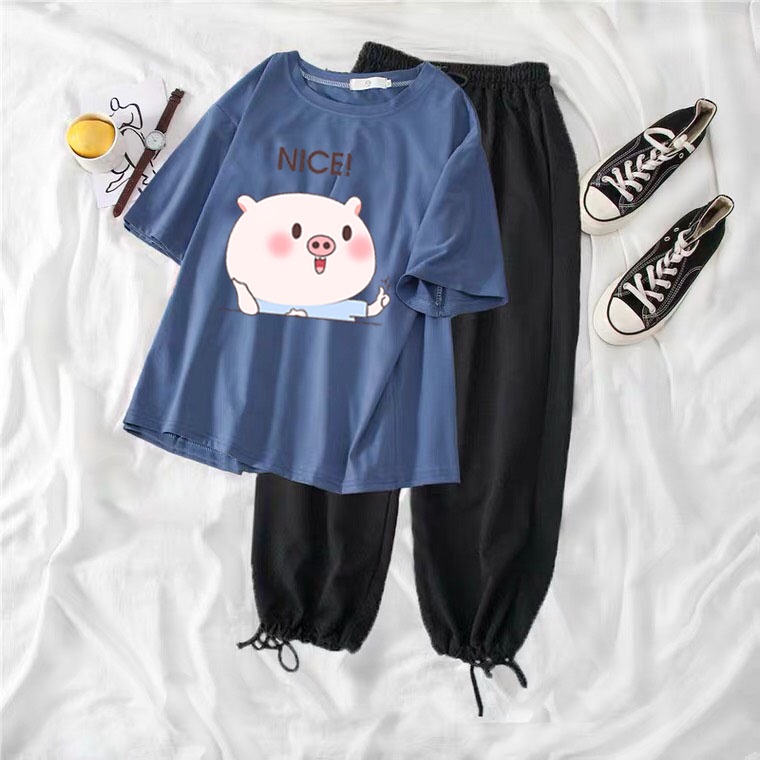 Sét áo phông Lợn n.ic.e + quần bom, Áo thun from rộng, Chất đẹp không xù, quần suông ống rộng, Sét bộ mặc ở nhà - MODY