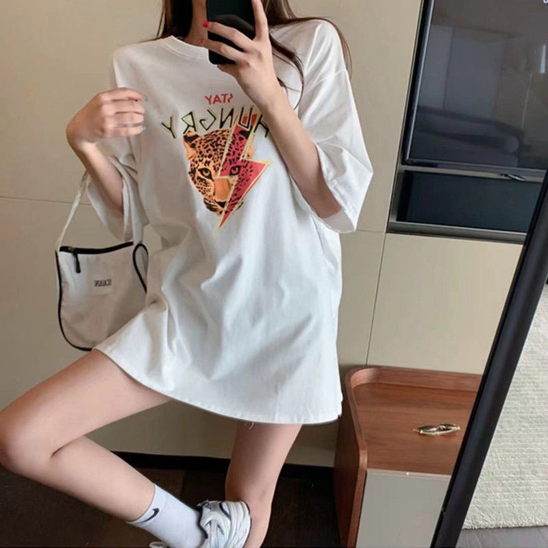 Cotton short-sleeved women's 2021 summer new Korean version of the split printed loose half-sleeved mid-length t-shirt top ins tide