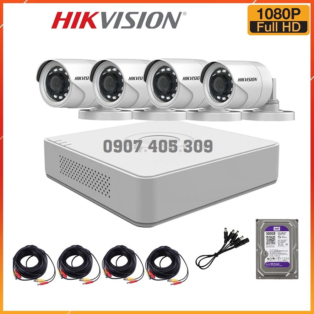Trọn bộ camera 4 mắt Hikvision trong nhà ngoài trời, chống trộm Full HD chính hãng-309cctv