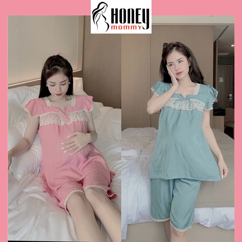 Bộ Bầu Mặc Nhà Mùa Hè Đẹp Ngắn Tay Thiết Kế Ren Ngực Xinh Xắn Dễ Thương Chất lụa băng Lạnh Siêu Mát 40-70kg